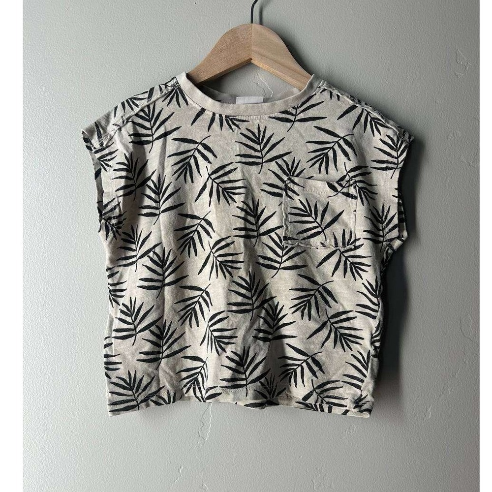 Zara All Over Palm Leaf Print Tee 2T Beach Resortwear Cream  Cap Sleeve Pocket